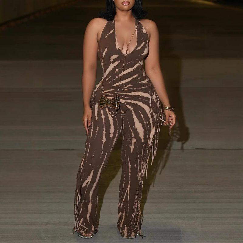 HLJ Sexy Striped Print Tassel Patchwork Bodycon Jumpsuit Women Halter Backless Skinny Rompers Female Party Clubwear Overalls New - Image 7