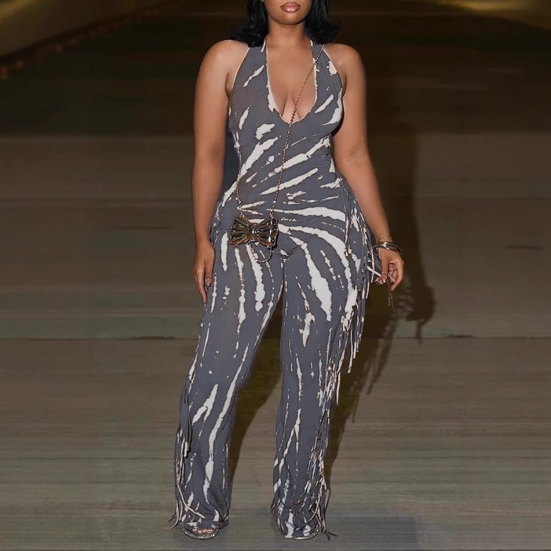 HLJ Sexy Striped Print Tassel Patchwork Bodycon Jumpsuit Women Halter Backless Skinny Rompers Female Party Clubwear Overalls New - Image 8
