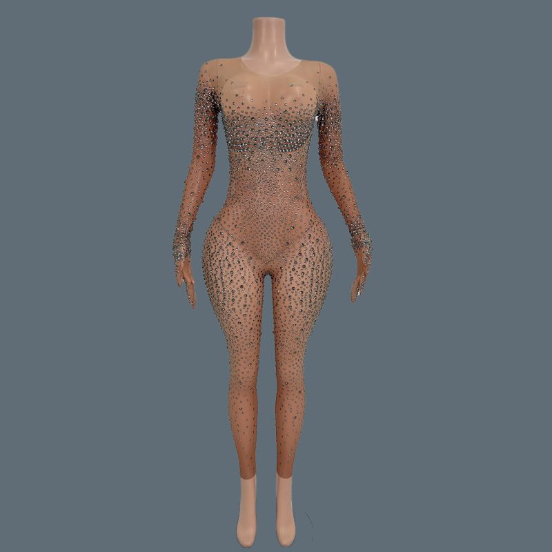 Sexy Stage Costume Full Rhinestones Gloves Sleeves Jumpsuit Evening Fashion Show Outfit Women Photoshoot Bodysuit Tiaotiaotang