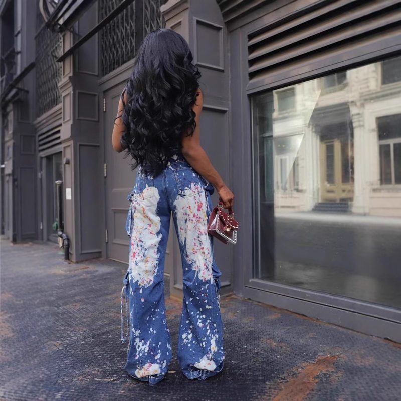 Rompers Denim Jumpsuits Women Sleeveless Spliced Overalls Flare Pants Loose Mom Jeans Club Ankle Length Pants Pockets Vintage - Image 3