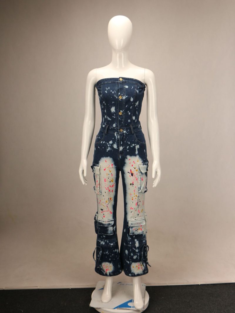 Rompers Denim Jumpsuits Women Sleeveless Spliced Overalls Flare Pants Loose Mom Jeans Club Ankle Length Pants Pockets Vintage - Image 5