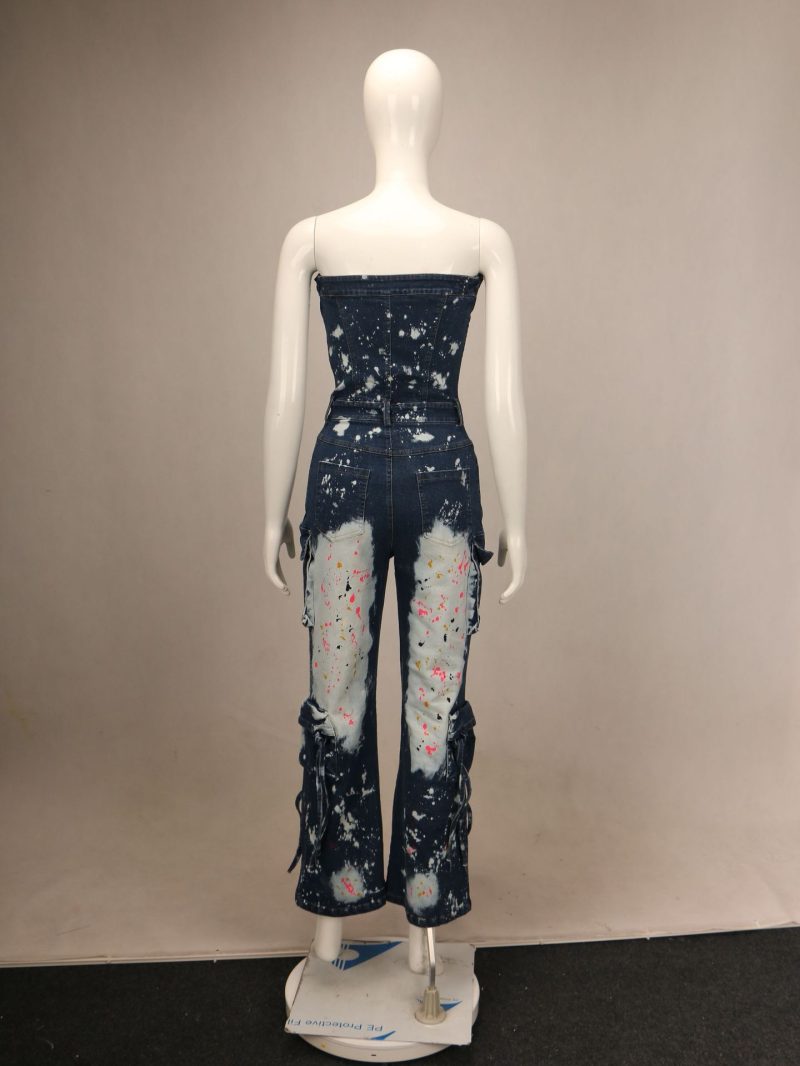 Rompers Denim Jumpsuits Women Sleeveless Spliced Overalls Flare Pants Loose Mom Jeans Club Ankle Length Pants Pockets Vintage - Image 6