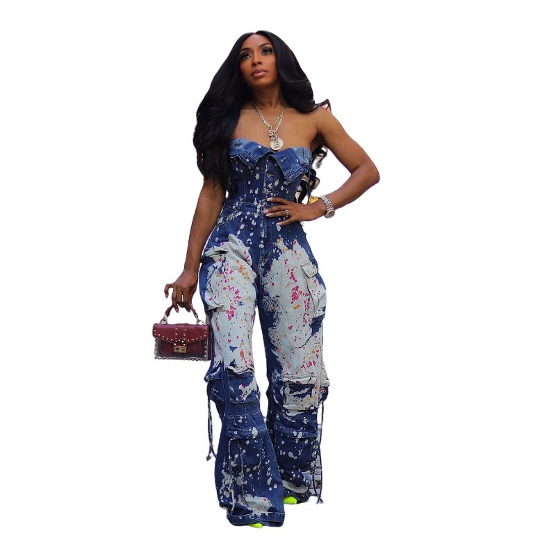 Rompers Denim Jumpsuits Women Sleeveless Spliced Overalls Flare Pants Loose Mom Jeans Club Ankle Length Pants Pockets Vintage - Image 7