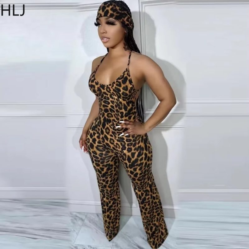 HLJ Sexy Leopard Print Bodycon Jumpsuits Women Thin Strap Sleeveless V Neck Wide Leg Pants Playsuit Female Overall With Scarf - Image 3