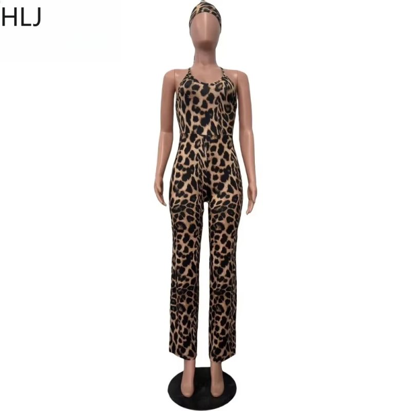 HLJ Sexy Leopard Print Bodycon Jumpsuits Women Thin Strap Sleeveless V Neck Wide Leg Pants Playsuit Female Overall With Scarf - Image 5