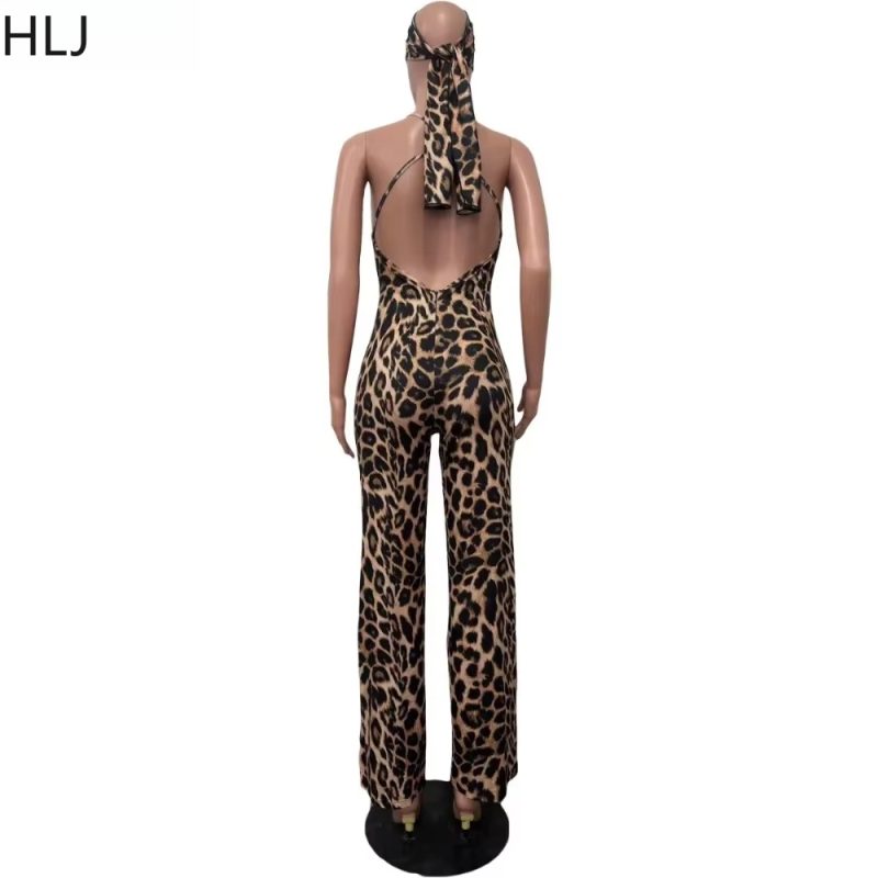 HLJ Sexy Leopard Print Bodycon Jumpsuits Women Thin Strap Sleeveless V Neck Wide Leg Pants Playsuit Female Overall With Scarf - Image 6