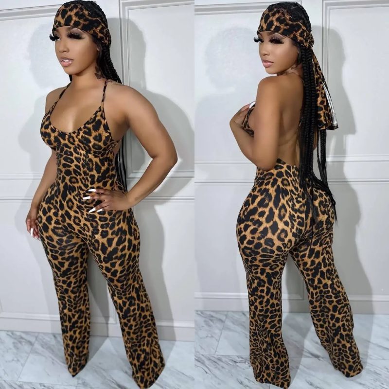 HLJ Sexy Leopard Print Bodycon Jumpsuits Women Thin Strap Sleeveless V Neck Wide Leg Pants Playsuit Female Overall With Scarf - Image 7