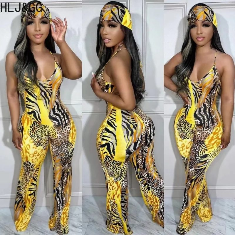 HLJ Sexy Leopard Print Bodycon Jumpsuits Women Thin Strap Sleeveless V Neck Wide Leg Pants Playsuit Female Overall With Scarf - Image 8