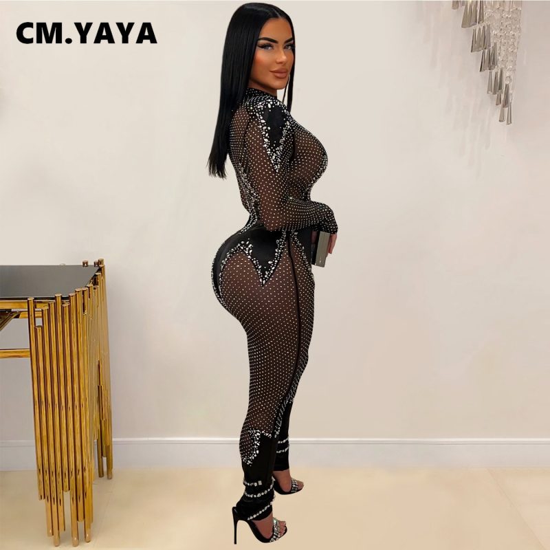 CM.YAYA Women 2024 Fashion Mesh See Though Diamonds Hot Rhinestones Sexy Party Club Jumpsuit One Piece Suit Romper Playsuits - Image 2