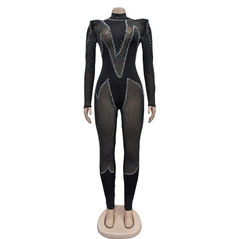 CM.YAYA Women 2024 Fashion Mesh See Though Diamonds Hot Rhinestones Sexy Party Club Jumpsuit One Piece Suit Romper Playsuits - Image 3