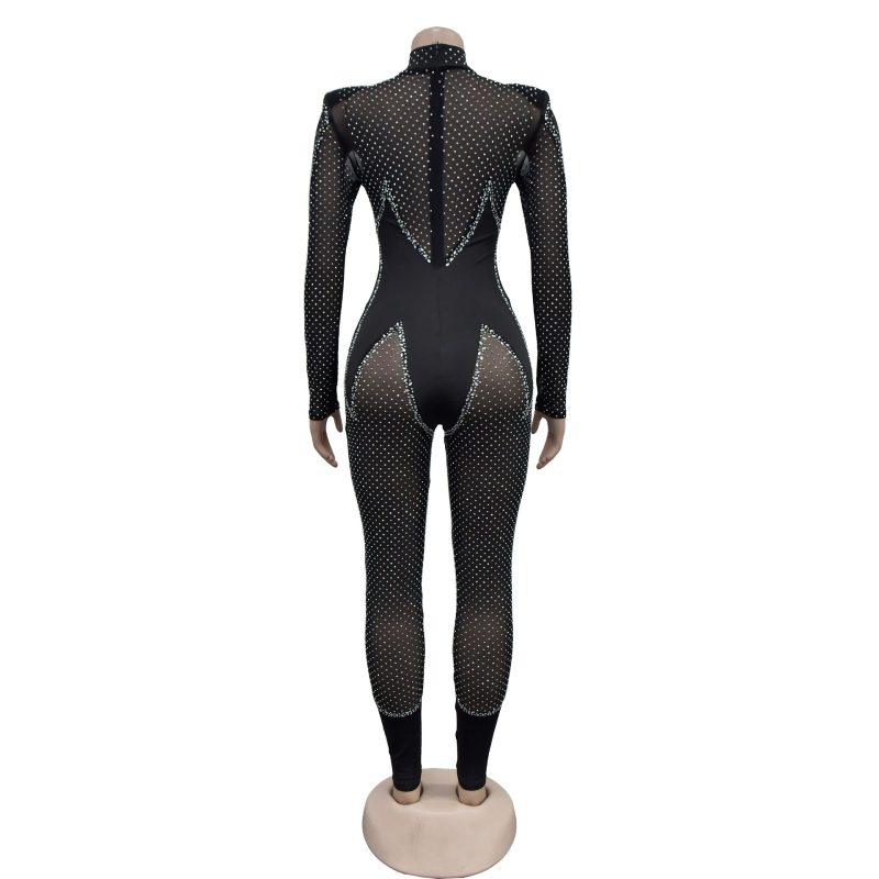 CM.YAYA Women 2024 Fashion Mesh See Though Diamonds Hot Rhinestones Sexy Party Club Jumpsuit One Piece Suit Romper Playsuits - Image 5