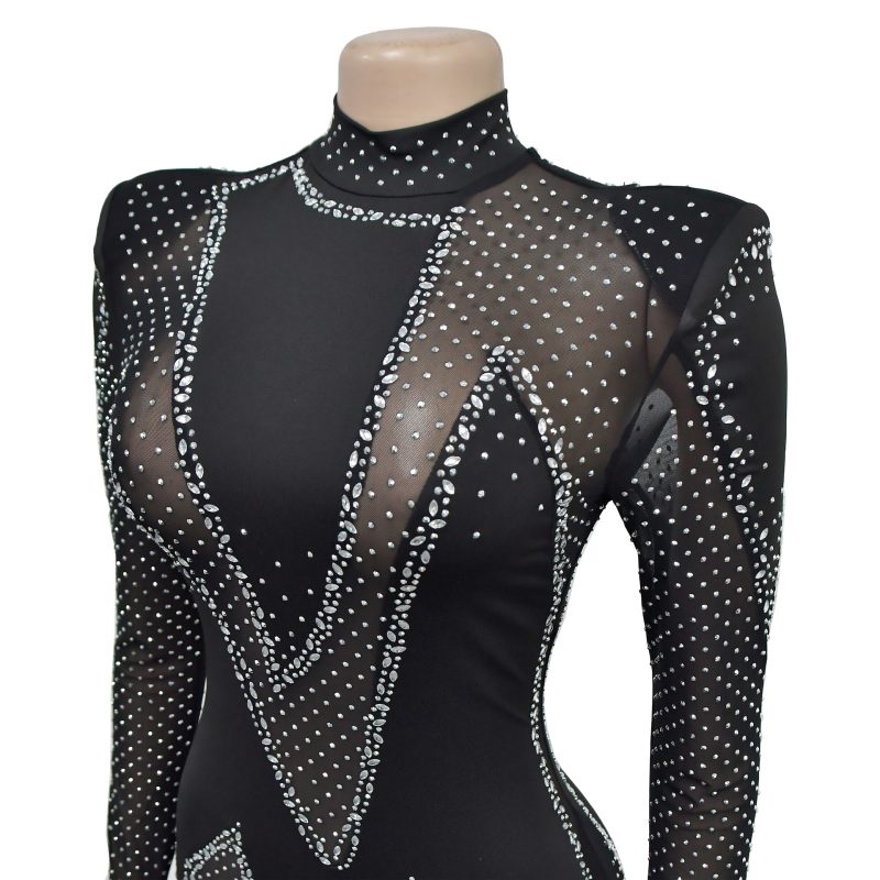 CM.YAYA Women 2024 Fashion Mesh See Though Diamonds Hot Rhinestones Sexy Party Club Jumpsuit One Piece Suit Romper Playsuits - Image 6