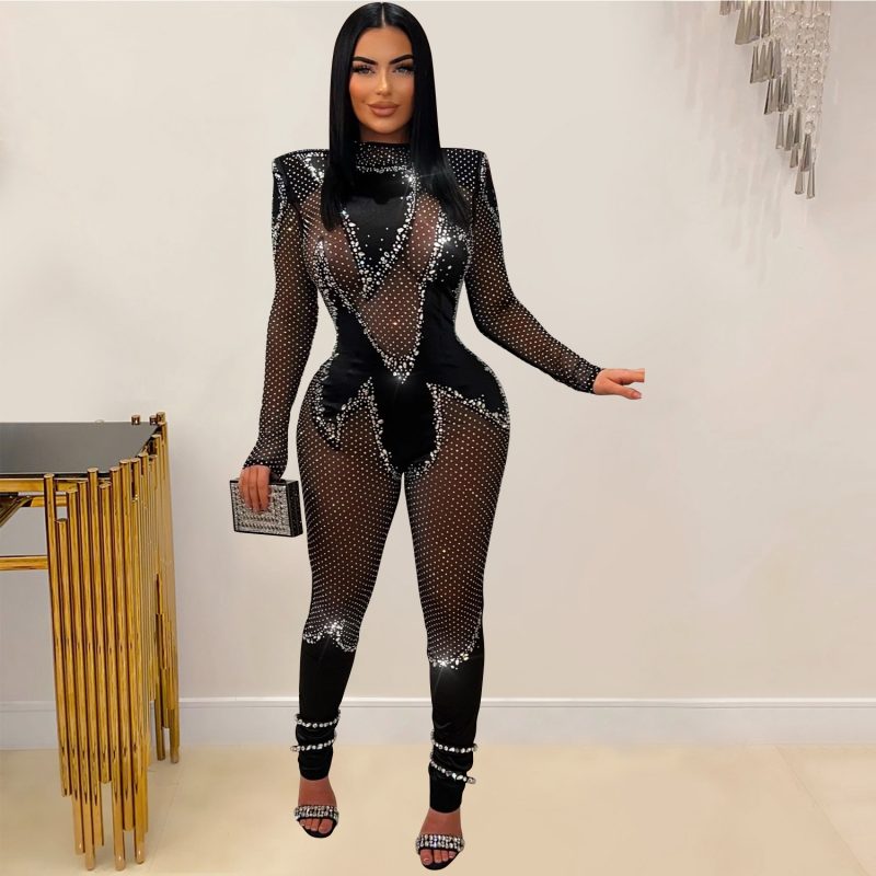 CM.YAYA Women 2024 Fashion Mesh See Though Diamonds Hot Rhinestones Sexy Party Club Jumpsuit One Piece Suit Romper Playsuits - Image 7