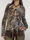 Women's Retro Contrasting Strap Printed Cardigan T-shirt Female Long Sleeved Slim Ruffle Collar Sexy Tops