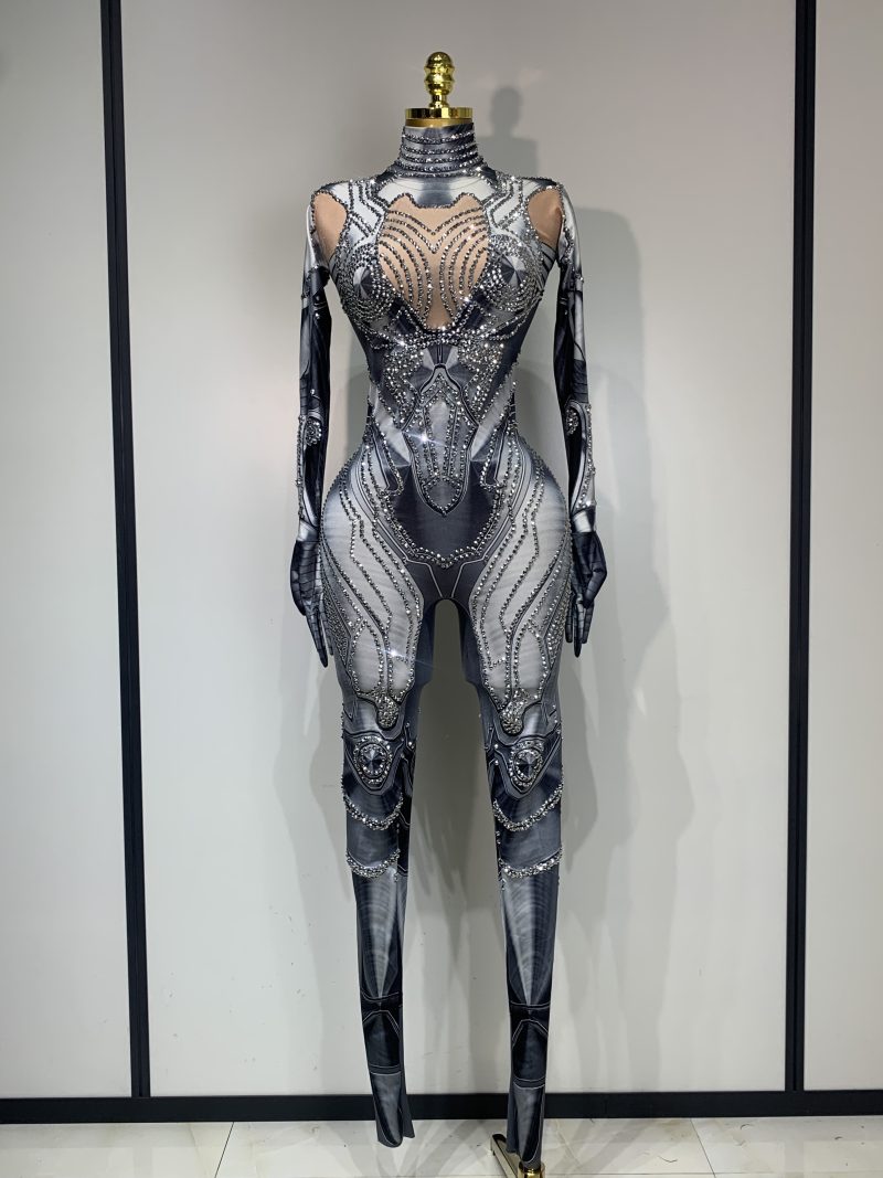 2025 Sexy Stretchy Performance Dance Nightclub Rompers Singer Stage Wear Sparkly Rhinestones Jumpsuit Gloves for Women Costume