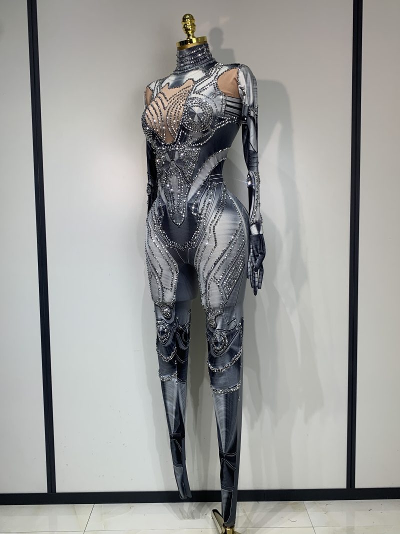 2025 Sexy Stretchy Performance Dance Nightclub Rompers Singer Stage Wear Sparkly Rhinestones Jumpsuit Gloves for Women Costume - Image 2