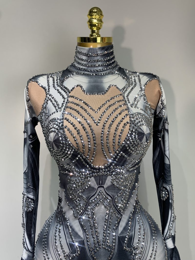2025 Sexy Stretchy Performance Dance Nightclub Rompers Singer Stage Wear Sparkly Rhinestones Jumpsuit Gloves for Women Costume - Image 5