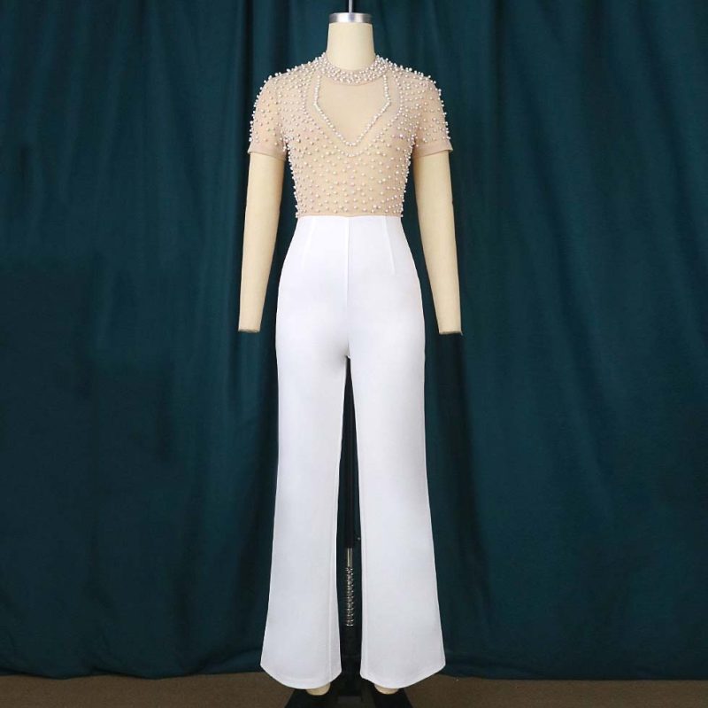 Elegant Jumpsuits & Rompers for Women O Nec Short Sleeve Beaded High Waisted Luxury Female Birthday Dinner Party Overalls Outfit - Image 2