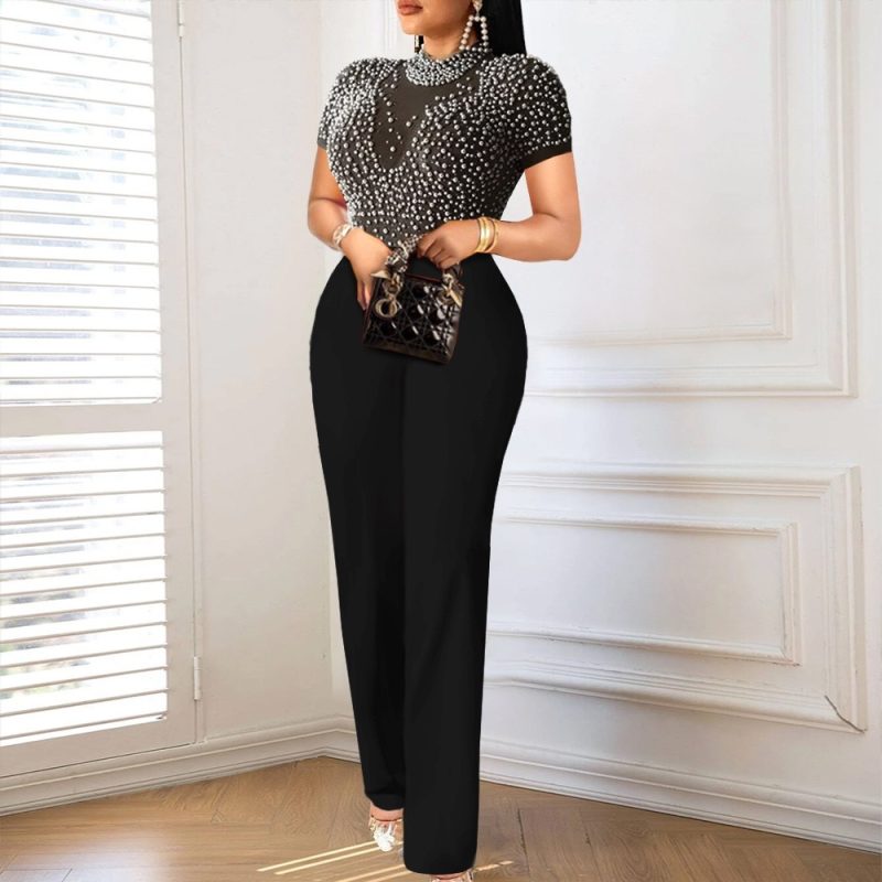 Elegant Jumpsuits & Rompers for Women O Nec Short Sleeve Beaded High Waisted Luxury Female Birthday Dinner Party Overalls Outfit - Image 7
