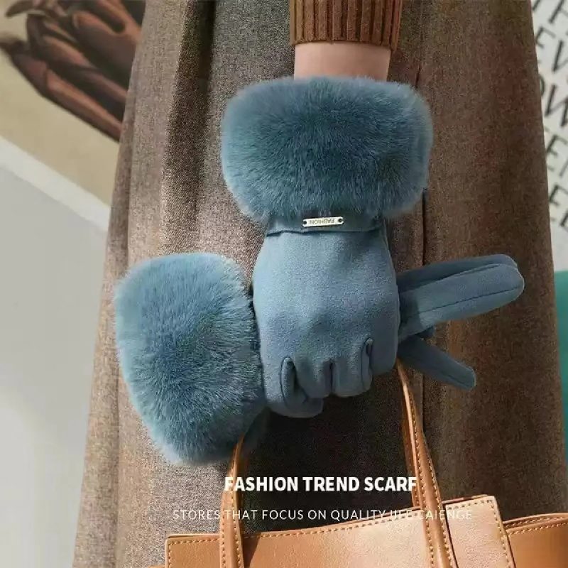 Winter Women Keep Warm Plus Velvet Touch Screen Thicken Plush Wrist Suede Gloves Fashion Personality Elegant Drive Cycling - Image 2