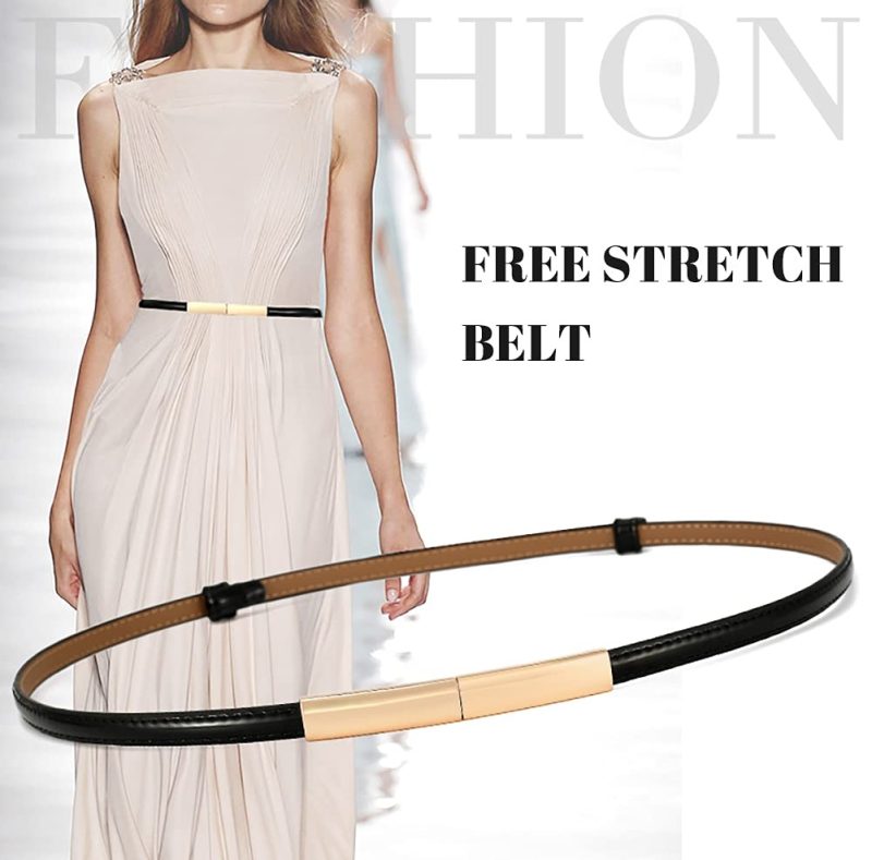 Bright Solid Color Genuine Leather Thin Belts Elegant Adjustable WaistbandGolden Metal Buckle Skinny Dress Coat Girdle For Women