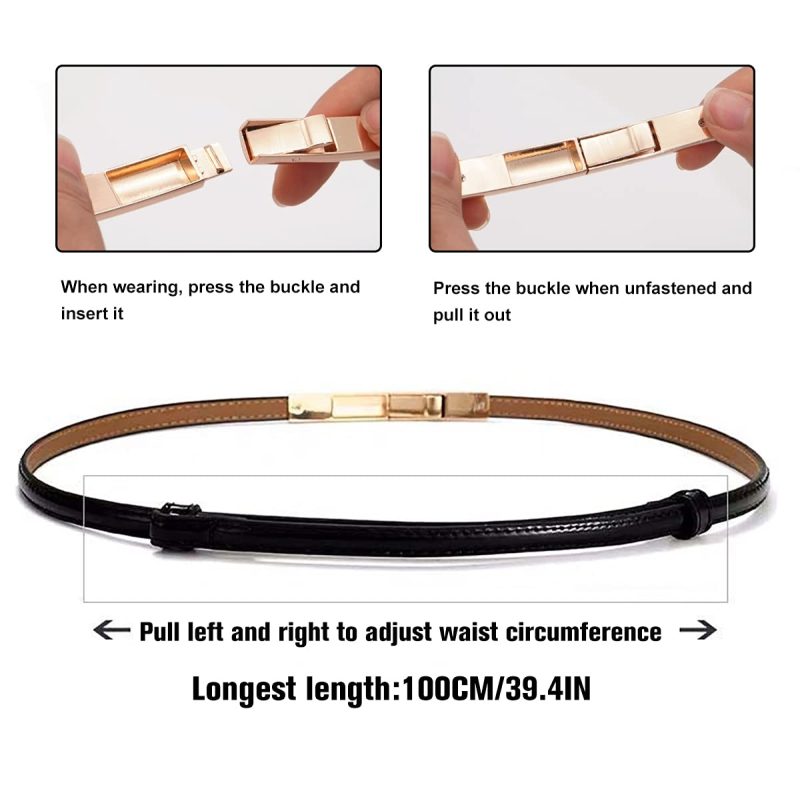 Bright Solid Color Genuine Leather Thin Belts Elegant Adjustable WaistbandGolden Metal Buckle Skinny Dress Coat Girdle For Women - Image 6