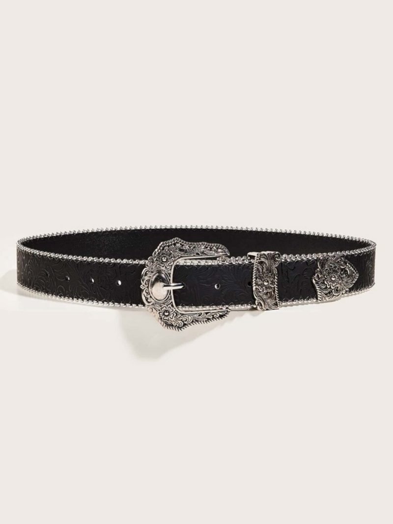 Western PU Leather Belt Western Cowboy Women Cowgirl Unisex Waist Belt with Metal Engraved Buckle - Image 4