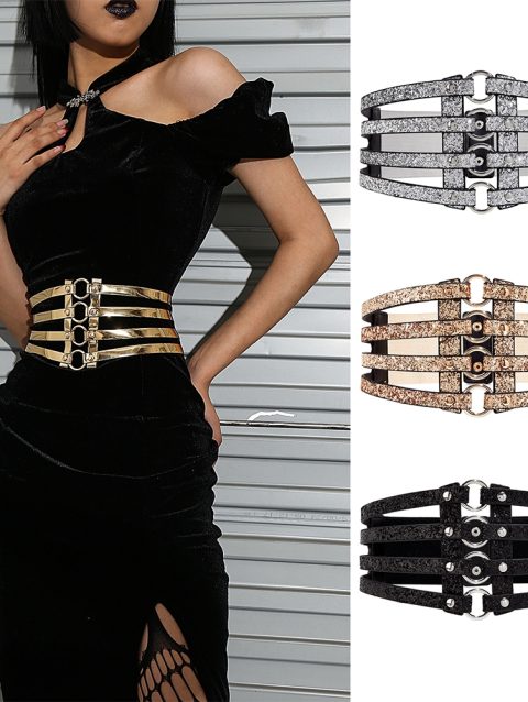 Women's golden stretch belt stylish look with dress party waist cover 4 row loop buckle decorative hollow belt