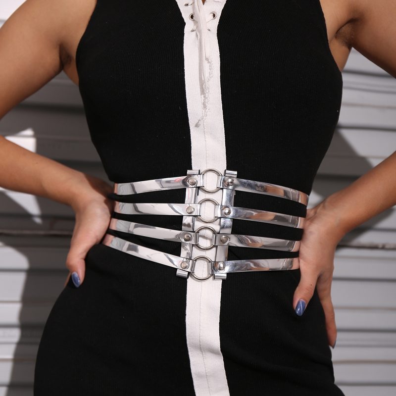 Women's golden stretch belt stylish look with dress party waist cover 4 row loop buckle decorative hollow belt - Image 4