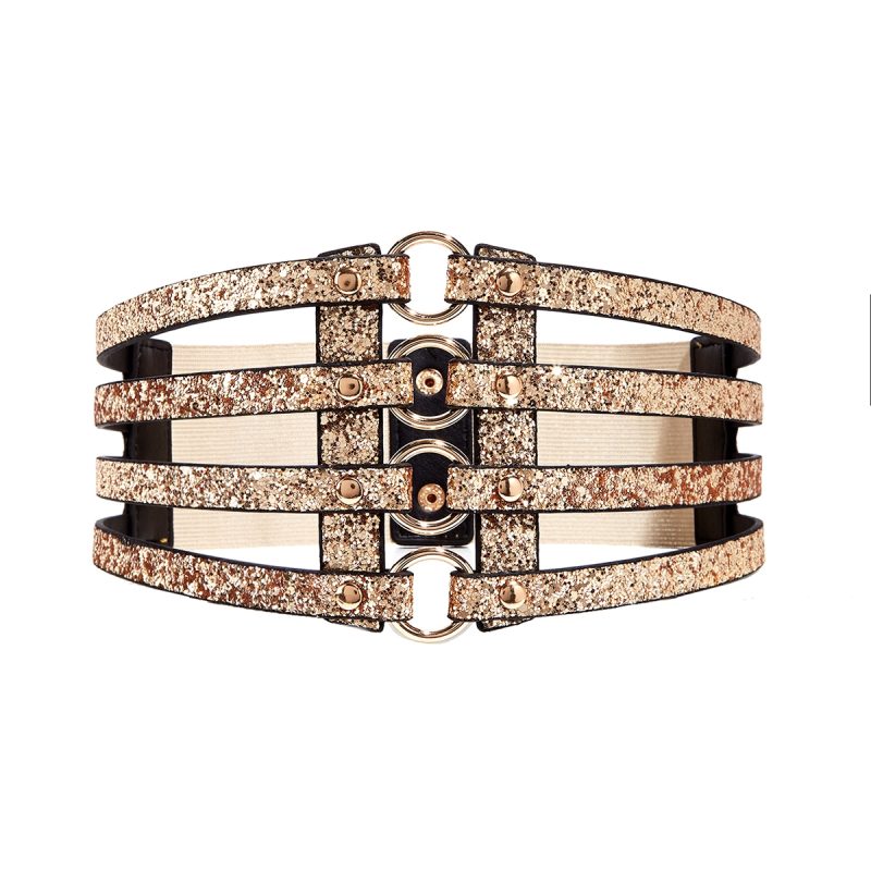Women's golden stretch belt stylish look with dress party waist cover 4 row loop buckle decorative hollow belt - Image 5
