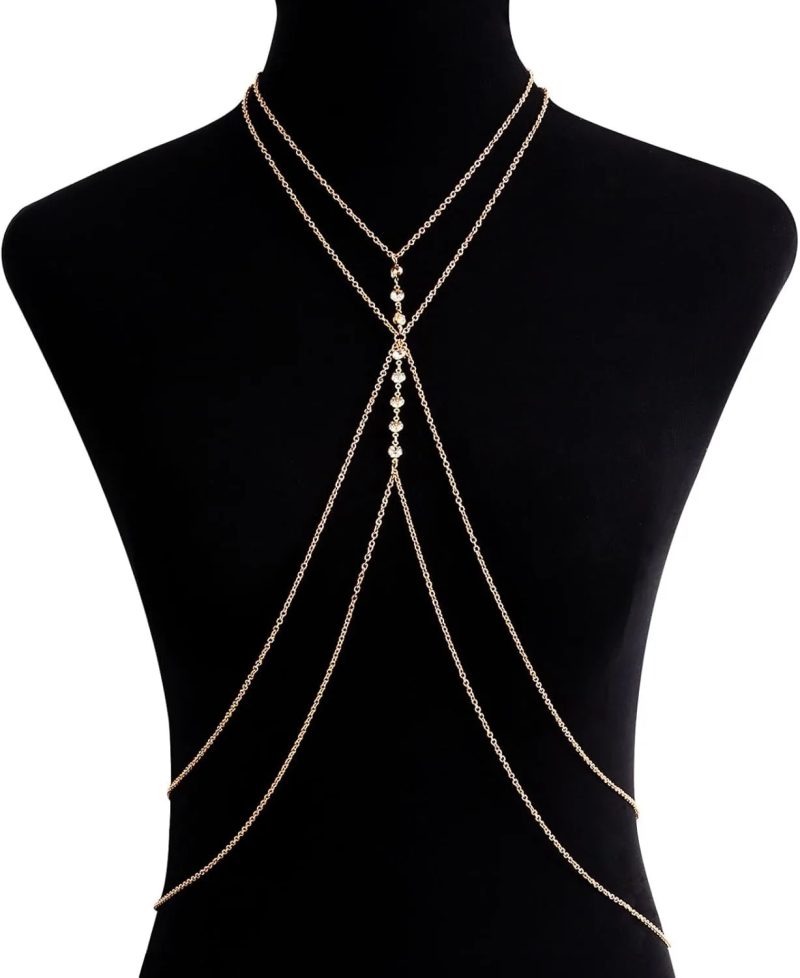 Summer Beach Crystal Belly Waist Chain, 26‘’ Sexy Body Chains for Women, Layered Rhinestone Crossover Bikini Bra Body Jewelry - Image 5