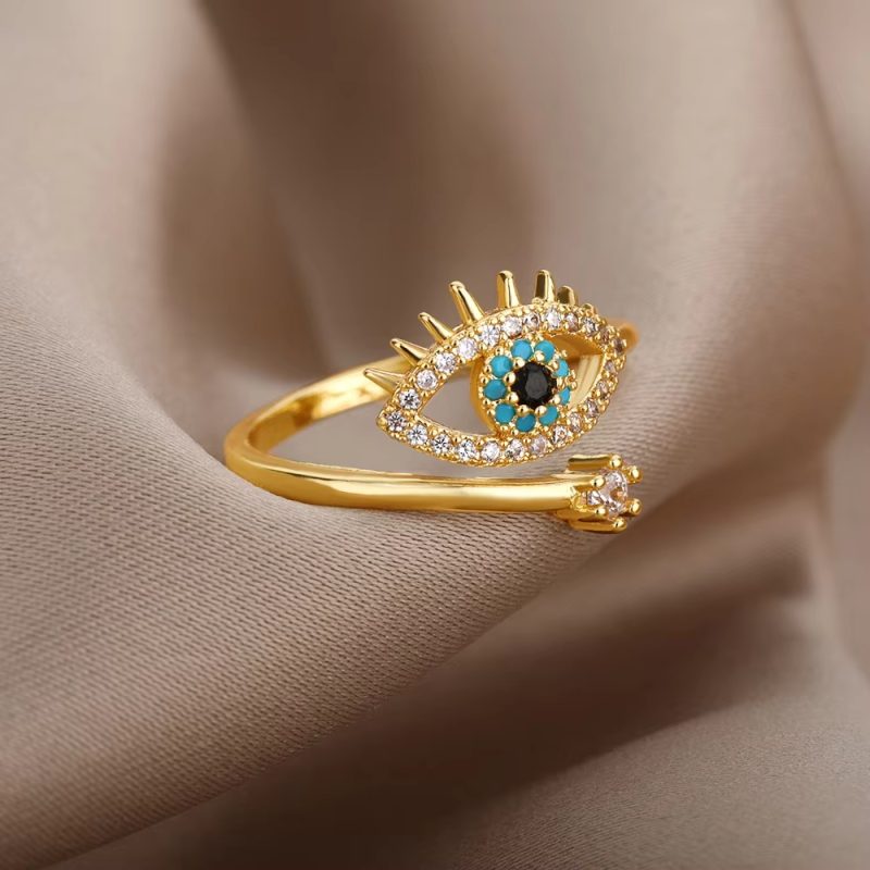 Stainless Steel Zircon Geometric Rings For Women Luxury Evil Eye Gold Color Adjustable Trendy Wedding Aesthetic Jewerly Gift - Image 4