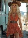 2025 Vintage Western Cowboy Mini Dress - Retro Casual Plaid Short Dress for Women, Y2K Style Cowgirl Party Summer Outfit