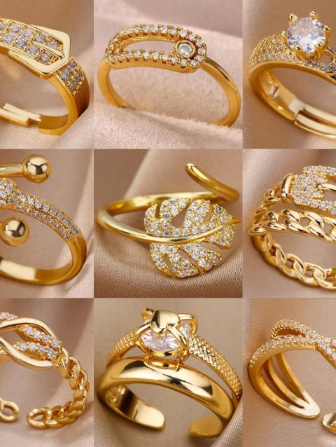 Gold Plated Stainless Steel Crystal Rings For Women Chain Geometry Zircon Finger Ring Jewelry Gift anillos mujer 2025 New Trendy