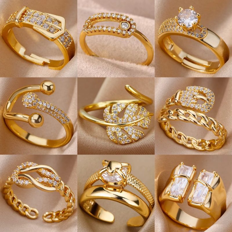 Gold Plated Stainless Steel Crystal Rings For Women Chain Geometry Zircon Finger Ring Jewelry Gift anillos mujer 2025 New Trendy - Image 2