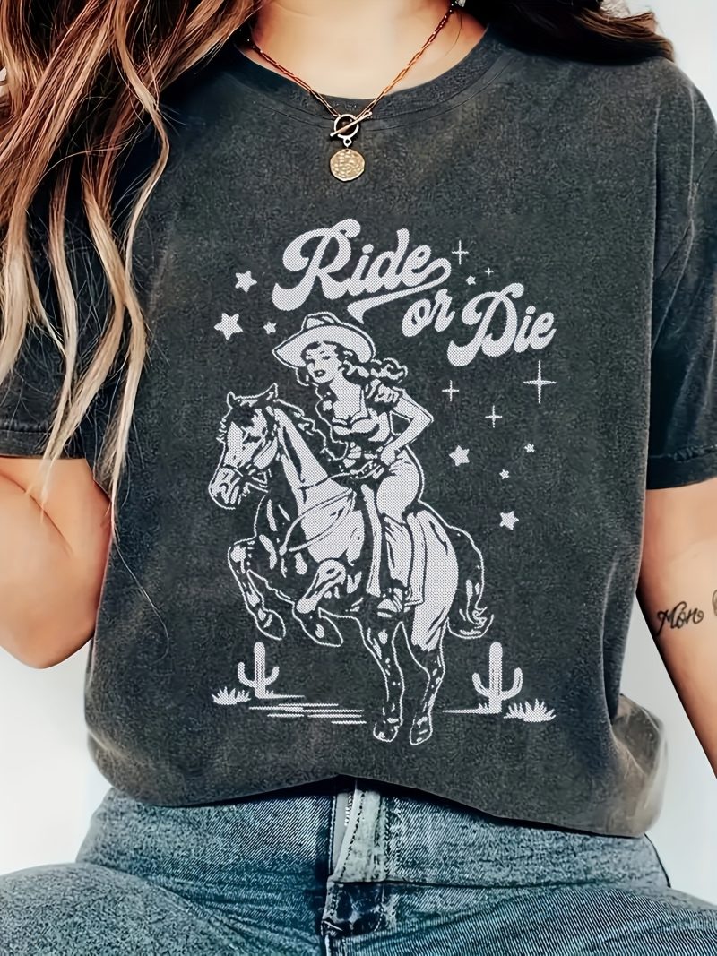 Women's Ride or Die Western Graphic T-Shirt Cowgirl Riding Horse Cactus Print Crewneck Tee Soft Stretchy Fabric Form Fitting Top