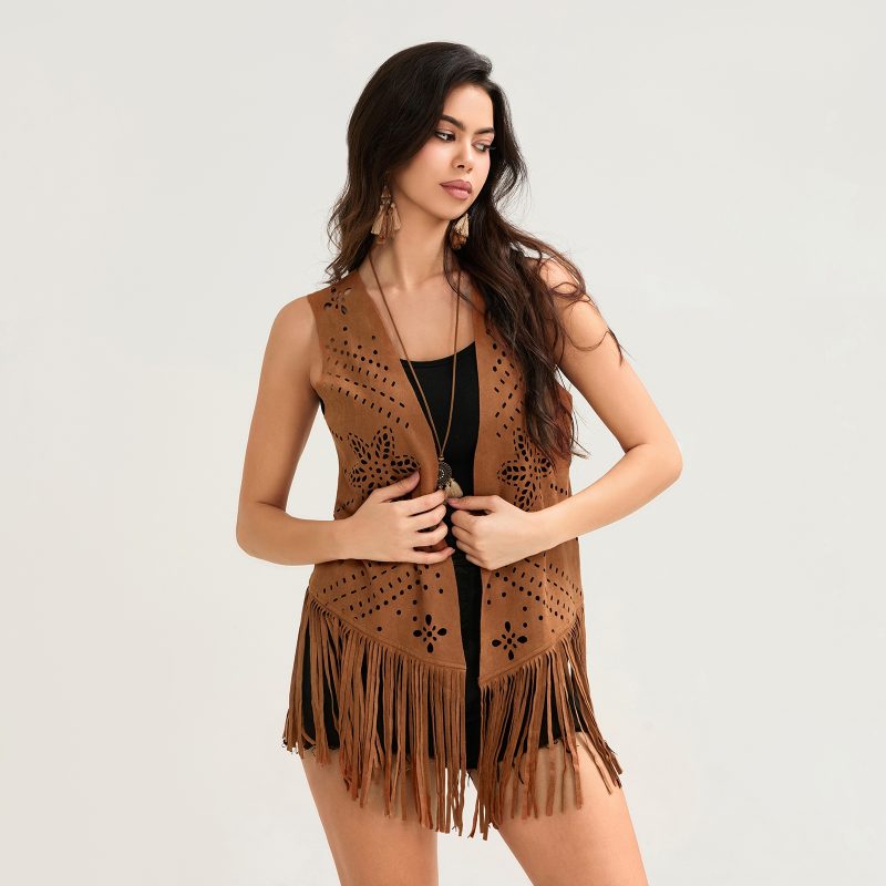 Women's Summer Tassel Vest Coat Hollow Out Flower Sleeveless Cardigans Jacket Cowgirl Stylish Outwear Tops - Image 7