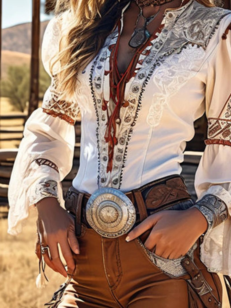 Vintage Western Style Blouse Women Lace-Up Flare Sleeve Boho Cowgirl Top for Summer Music Festival Country Party Outfits - Image 3