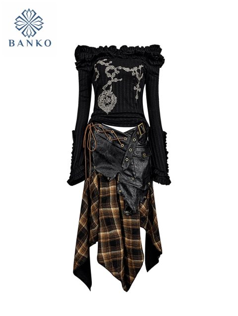 Sexy Punk Outfits 2 Piece Set Slash Neck Black Top Jacquard + Patchwork Wrapped Hip Skirt Asymmetrical Coquette Gothic Clubwear