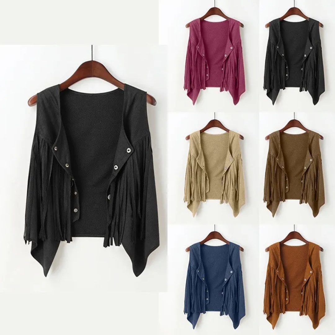 Women Faux Suede Ethnic Sleeveless For Jacket Rivet Fringe Tassels Hippie Open Front Cardigan Vintage Cowgirl Waistcoat Vest - Image 3