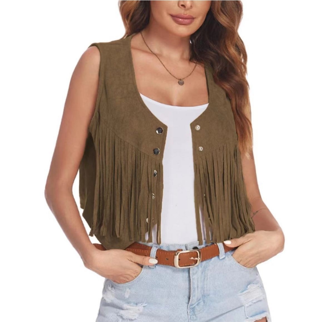 Women Faux Suede Ethnic Sleeveless For Jacket Rivet Fringe Tassels Hippie Open Front Cardigan Vintage Cowgirl Waistcoat Vest - Image 4
