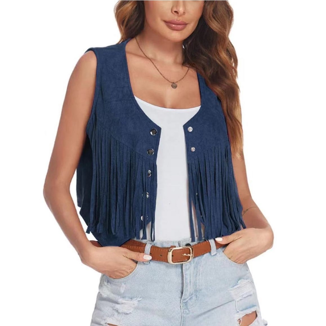 Women Faux Suede Ethnic Sleeveless For Jacket Rivet Fringe Tassels Hippie Open Front Cardigan Vintage Cowgirl Waistcoat Vest - Image 5