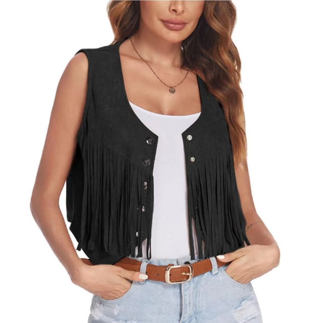 Women Faux Suede Ethnic Sleeveless For Jacket Rivet Fringe Tassels Hippie Open Front Cardigan Vintage Cowgirl Waistcoat Vest - Image 6