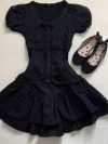 Gothic Vintage Y2k Black Lace 2-piece Set Women Hepburn Chic Slim Lace Puff Sleeve Tops Female + High-waist Ruffle Short Skirt