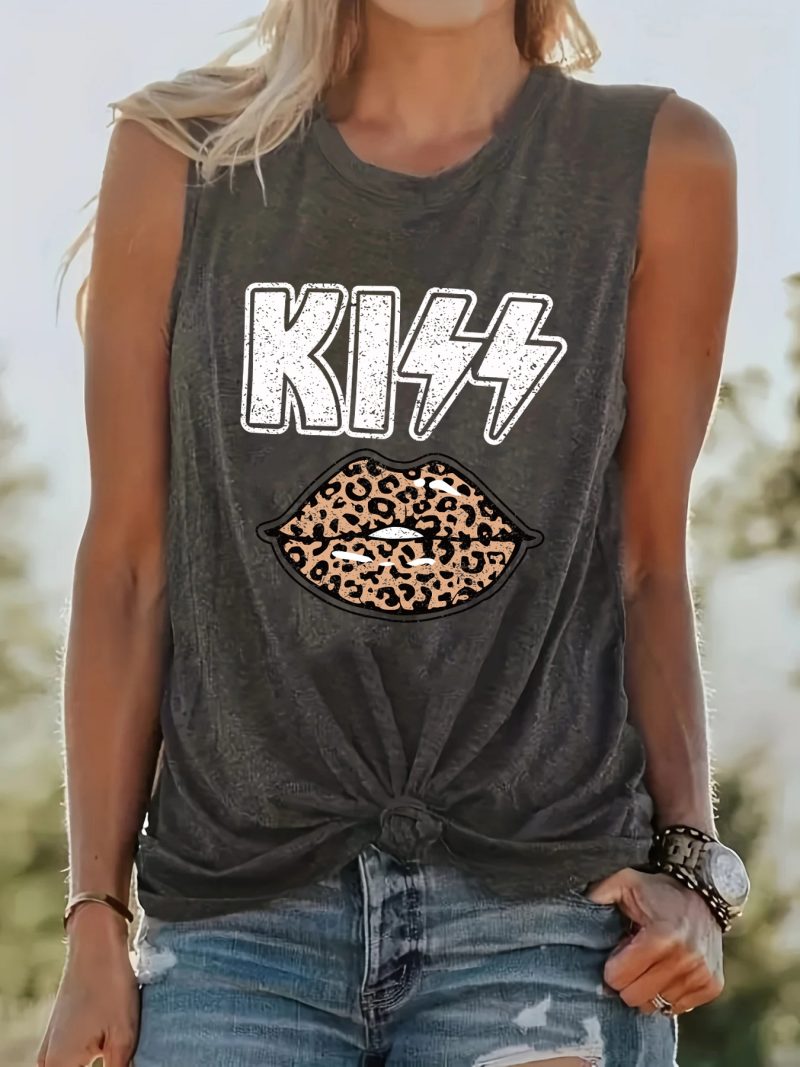 Women's KISS Leopard print lip print Print Sleeveless Vest White T-shirt Tshirts Creativity Streettshirt Individual Casual Cloth