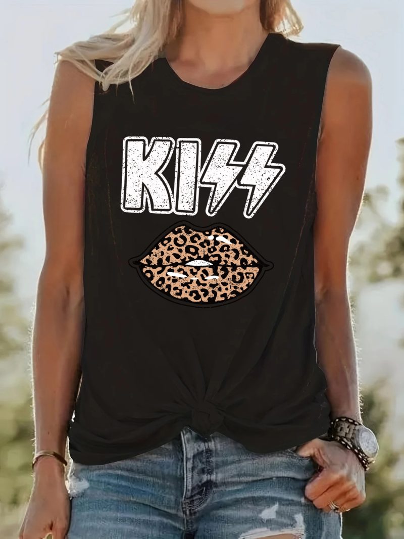 Women's KISS Leopard print lip print Print Sleeveless Vest White T-shirt Tshirts Creativity Streettshirt Individual Casual Cloth - Image 2