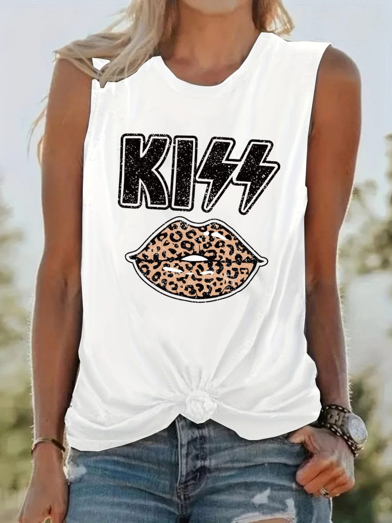 Women's KISS Leopard print lip print Print Sleeveless Vest White T-shirt Tshirts Creativity Streettshirt Individual Casual Cloth - Image 3