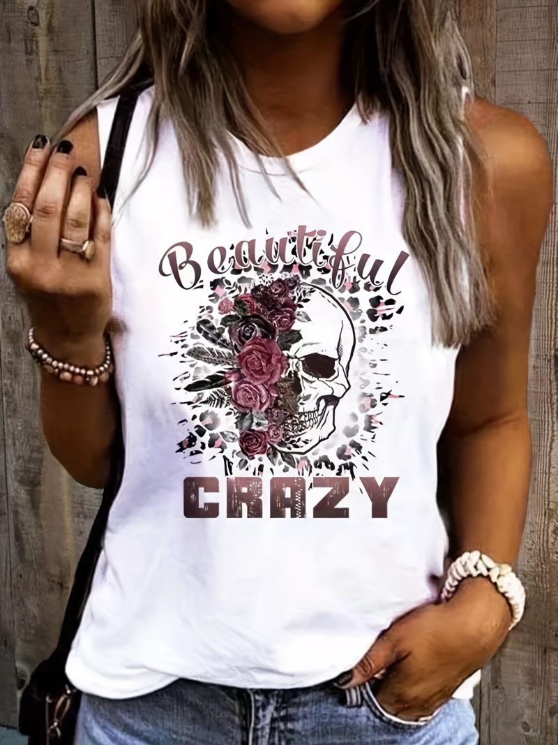 Women's Summer Skeleton Flower Print Large Casual Sleeveless Loose Tank Top T-shirt Streetwear Oversized O-Neck Vest Off Should