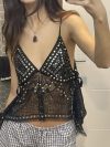 Women's Rivet Tank Tops Stylish Sequin Side Tie Sheer V Neck Spaghetti Straps Camisoles for Summer Coquette Streetwear
