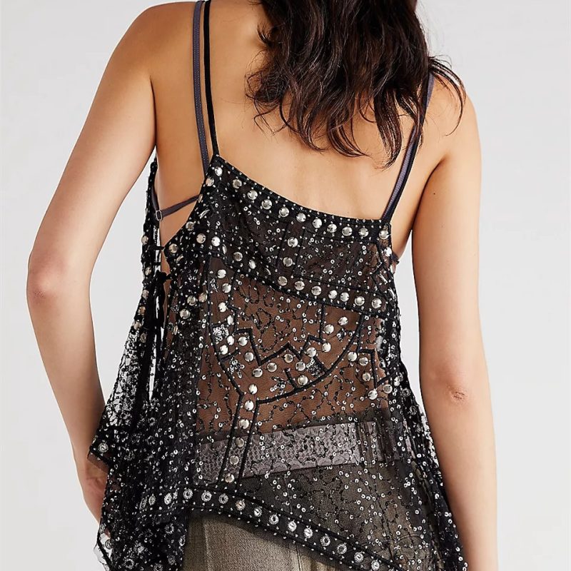 Women's Rivet Tank Tops Stylish Sequin Side Tie Sheer V Neck Spaghetti Straps Camisoles for Summer Coquette Streetwear - Image 3